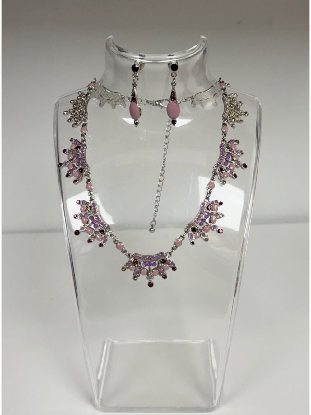 Vintage 1990 Silver Tone Purple Rhinestone Pink Enamel Necklace With Earrings